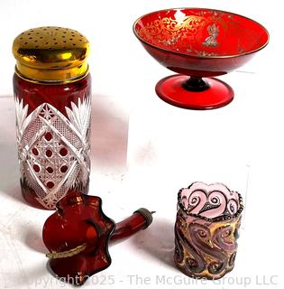 Four (4) Pieces of Ruby and Cut Crystal Glass