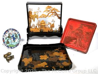 Collection Including Chinese Cork Diorama Shadow Box, Black & Gold Lacquer Tray, Carved Red Lacquer Tray, Brass Paperweights and Porcelain Plate.