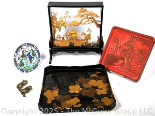 Collection Including Chinese Cork Diorama Shadow Box, Black & Gold Lacquer Tray, Carved Red Lacquer Tray, Brass Paperweights and Porcelain Plate.