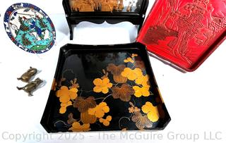 Collection Including Chinese Cork Diorama Shadow Box, Black & Gold Lacquer Tray, Carved Red Lacquer Tray, Brass Paperweights and Porcelain Plate.