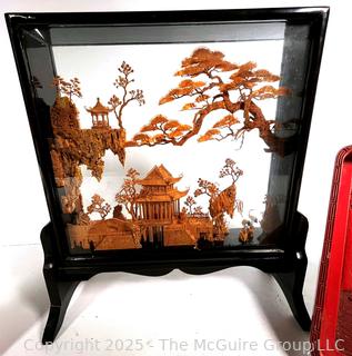 Collection Including Chinese Cork Diorama Shadow Box, Black & Gold Lacquer Tray, Carved Red Lacquer Tray, Brass Paperweights and Porcelain Plate.