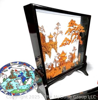 Collection Including Chinese Cork Diorama Shadow Box, Black & Gold Lacquer Tray, Carved Red Lacquer Tray, Brass Paperweights and Porcelain Plate.