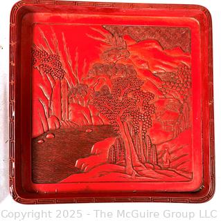 Collection Including Chinese Cork Diorama Shadow Box, Black & Gold Lacquer Tray, Carved Red Lacquer Tray, Brass Paperweights and Porcelain Plate.