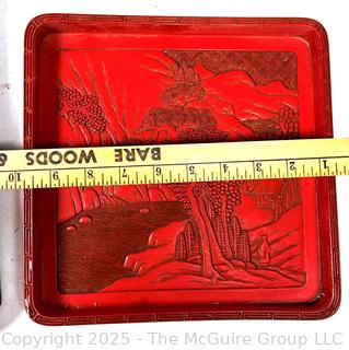 Collection Including Chinese Cork Diorama Shadow Box, Black & Gold Lacquer Tray, Carved Red Lacquer Tray, Brass Paperweights and Porcelain Plate.