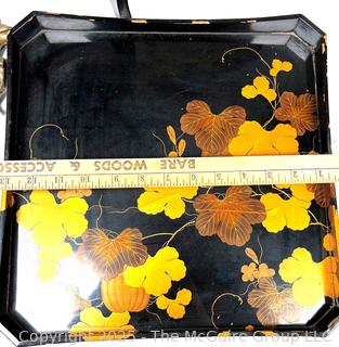 Collection Including Chinese Cork Diorama Shadow Box, Black & Gold Lacquer Tray, Carved Red Lacquer Tray, Brass Paperweights and Porcelain Plate.