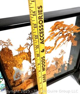Collection Including Chinese Cork Diorama Shadow Box, Black & Gold Lacquer Tray, Carved Red Lacquer Tray, Brass Paperweights and Porcelain Plate.