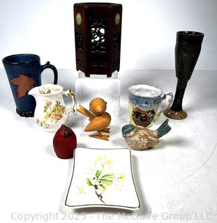 Decorative Items Including Chinese Six Panel Wood Brush Holder with Red Wax Jian Ding Seal Indicating Export Approval.