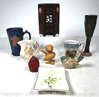 Decorative Items Including Chinese Six Panel Wood Brush Holder with Red Wax Jian Ding Seal Indicating Export Approval.