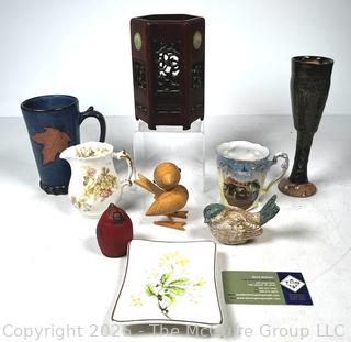 Decorative Items Including Chinese Six Panel Wood Brush Holder with Red Wax Jian Ding Seal Indicating Export Approval.