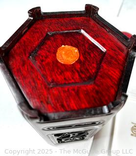 Decorative Items Including Chinese Six Panel Wood Brush Holder with Red Wax Jian Ding Seal Indicating Export Approval.