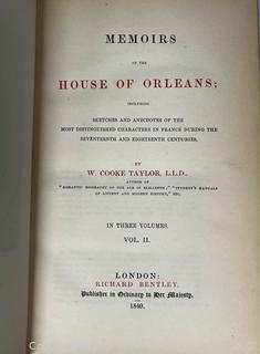 Two (2) Gilt and Leather with Marbled Paper Bound Memoirs of the House of Orleans, Vol II and III, W. Cooke Taylor (1849)