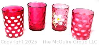 Four (4) Cranberry Red Glass Tumblers Including Fenton Opalescent Coin Dot Glassware
