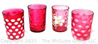 Four (4) Cranberry Red Glass Tumblers Including Fenton Opalescent Coin Dot Glassware

