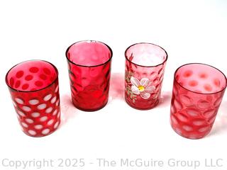 Four (4) Cranberry Red Glass Tumblers Including Fenton Opalescent Coin Dot Glassware
