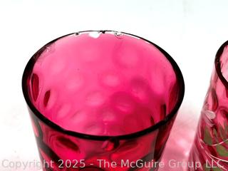Four (4) Cranberry Red Glass Tumblers Including Fenton Opalescent Coin Dot Glassware
