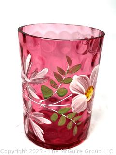Four (4) Cranberry Red Glass Tumblers Including Fenton Opalescent Coin Dot Glassware
