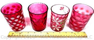 Four (4) Cranberry Red Glass Tumblers Including Fenton Opalescent Coin Dot Glassware
