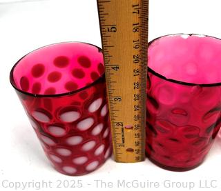 Four (4) Cranberry Red Glass Tumblers Including Fenton Opalescent Coin Dot Glassware
