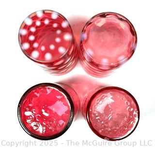 Four (4) Cranberry Red Glass Tumblers Including Fenton Opalescent Coin Dot Glassware
