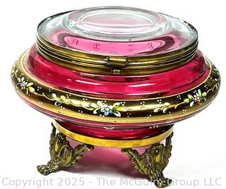 Moser Footed Czech Bohemian Enameled Cranberry Glass Jewelry Casket