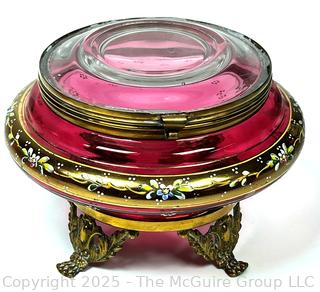 Moser Footed Czech Bohemian Enameled Cranberry Glass Jewelry Casket