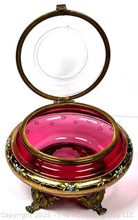 Moser Footed Czech Bohemian Enameled Cranberry Glass Jewelry Casket