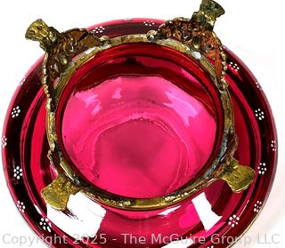 Moser Footed Czech Bohemian Enameled Cranberry Glass Jewelry Casket