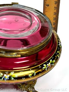 Moser Footed Czech Bohemian Enameled Cranberry Glass Jewelry Casket