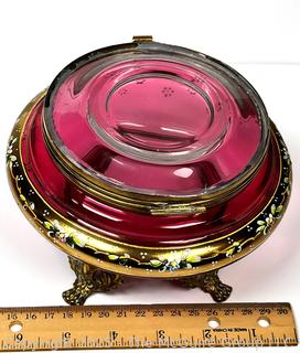 Moser Footed Czech Bohemian Enameled Cranberry Glass Jewelry Casket