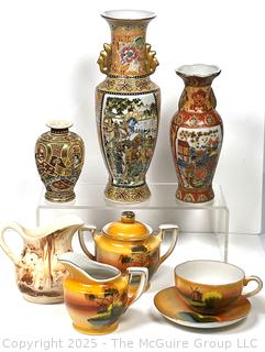 Collection of Hand-Painted Porcelain Vases and Tea Service