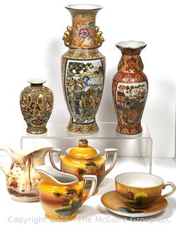 Collection of Hand-Painted Porcelain Vases and Tea Service