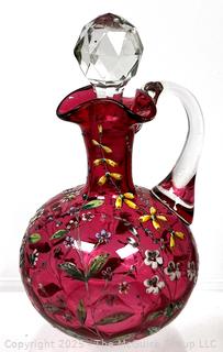 Moser Bohemian Hand Painted Cranberry Glass Crystal Decanter