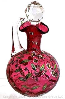 Moser Bohemian Hand Painted Cranberry Glass Crystal Decanter