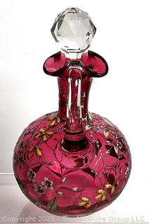 Moser Bohemian Hand Painted Cranberry Glass Crystal Decanter