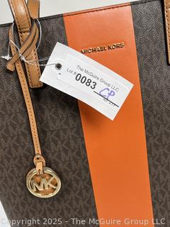 Michael Kors Brown Orange Center Strip Signature Tote Handbag, New with Tags