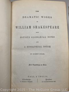Leather Bound With Gilt Decoration, The Dramatic Works of William Shakespeare with Copious Glossarial Notes by Robert Inglis Book, 1800's