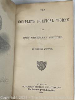 Leather with Marbled End Papers The Complete Poetical Works of John Greenleaf Whittier, Household Edition 1882 Book
