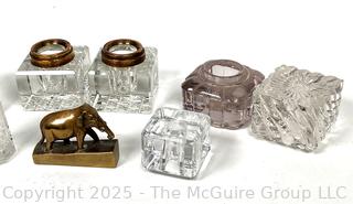 Collection of Crystal Ink Wells and Elephant Paper Weight