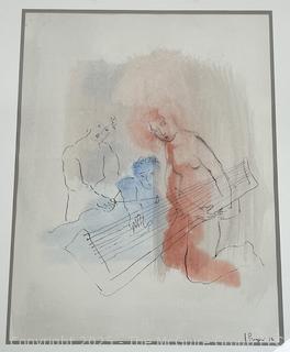 Framed Under Glass Watercolor of Musicians Signed by Artist 19 x 23"