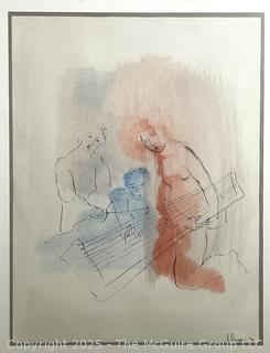 Framed Under Glass Watercolor of Musicians Signed by Artist 19 x 23"