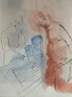 Framed Under Glass Watercolor of Musicians Signed by Artist 19 x 23"