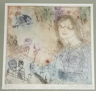 Framed Under Glass Aquatint Etching Titled "Ejjel" Signed and Numbered by Artist Bela Kondor.  17 x 17"