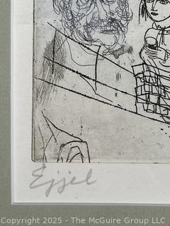 Framed Under Glass Aquatint Etching Titled "Ejjel" Signed and Numbered by Artist Bela Kondor.  17 x 17"