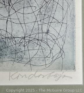 Framed Under Glass Aquatint Etching Titled "Ejjel" Signed and Numbered by Artist Bela Kondor.  17 x 17"