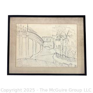 Framed Under Glass Ink on Paper of Spanish Steps Rome Signed by Artist. 17 x 22"