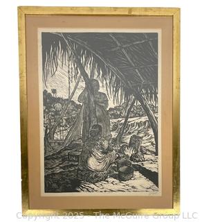 Framed Under Glass Linocut Titled La Espera Signed by Artist Adolfo Quinteros 1939 22 x 29"