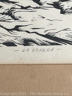 Framed Under Glass Linocut Titled La Espera Signed by Artist Adolfo Quinteros 1939 22 x 29"