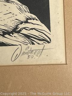 Framed Under Glass Linocut Titled La Espera Signed by Artist Adolfo Quinteros 1939 22 x 29"