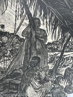 Framed Under Glass Linocut Titled La Espera Signed by Artist Adolfo Quinteros 1939 22 x 29"