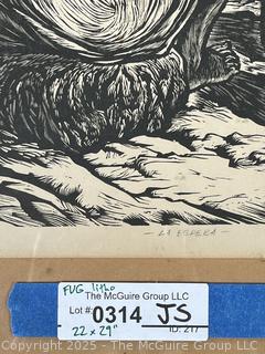 Framed Under Glass Linocut Titled La Espera Signed by Artist Adolfo Quinteros 1939 22 x 29"